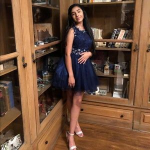 Beautiful Navy Blue Quinceanera Dress 
A line Tulle Dress with beautiful sequins